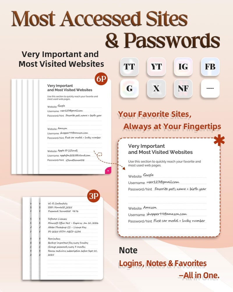 hi!SCI Password Keeper Book with Colorful Alphabetical Tabs, Small Pocket Password Logbook for Seniors, 4.7 x 6.2" Internet Website Address Organizer, Stores 675 Passwords (Sienna) - Image 5